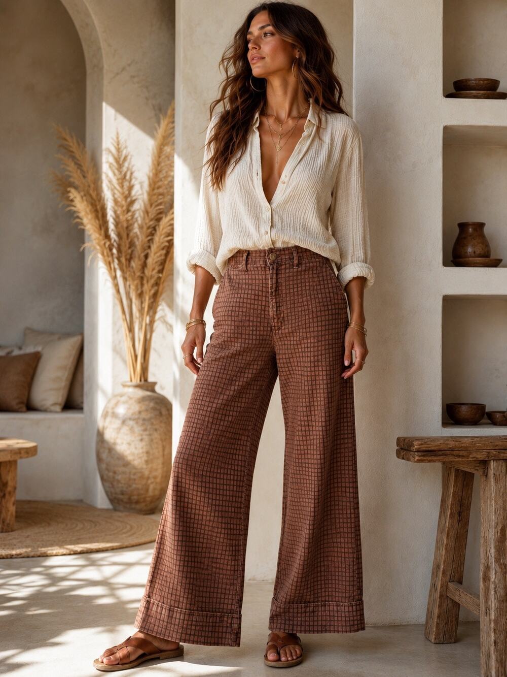 Marine Layer Grid Print Wide Leg Pants Brown Full Length Cuffed Hem Boho Luxe 12